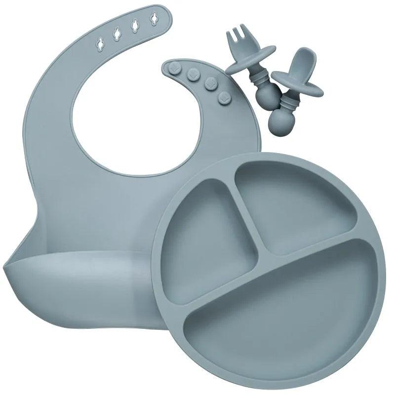 Baby Silicone Tableware Set Infant Solid Color Waterproof Bib Newborn Feeding Burp Cloth Toddler Dinner Plate And Mini Spoon - ItemBear.com