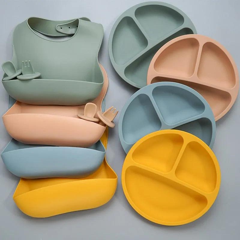 Baby Silicone Tableware Set Infant Solid Color Waterproof Bib Newborn Feeding Burp Cloth Toddler Dinner Plate And Mini Spoon - ItemBear.com