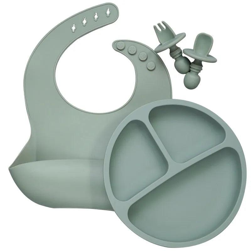 Baby Silicone Tableware Set Infant Solid Color Waterproof Bib Newborn Feeding Burp Cloth Toddler Dinner Plate And Mini Spoon - ItemBear.com