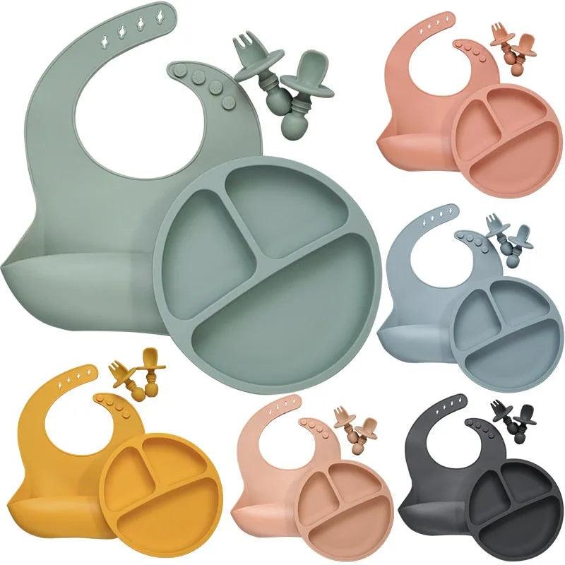 Baby Silicone Tableware Set Infant Solid Color Waterproof Bib Newborn Feeding Burp Cloth Toddler Dinner Plate And Mini Spoon - ItemBear.com