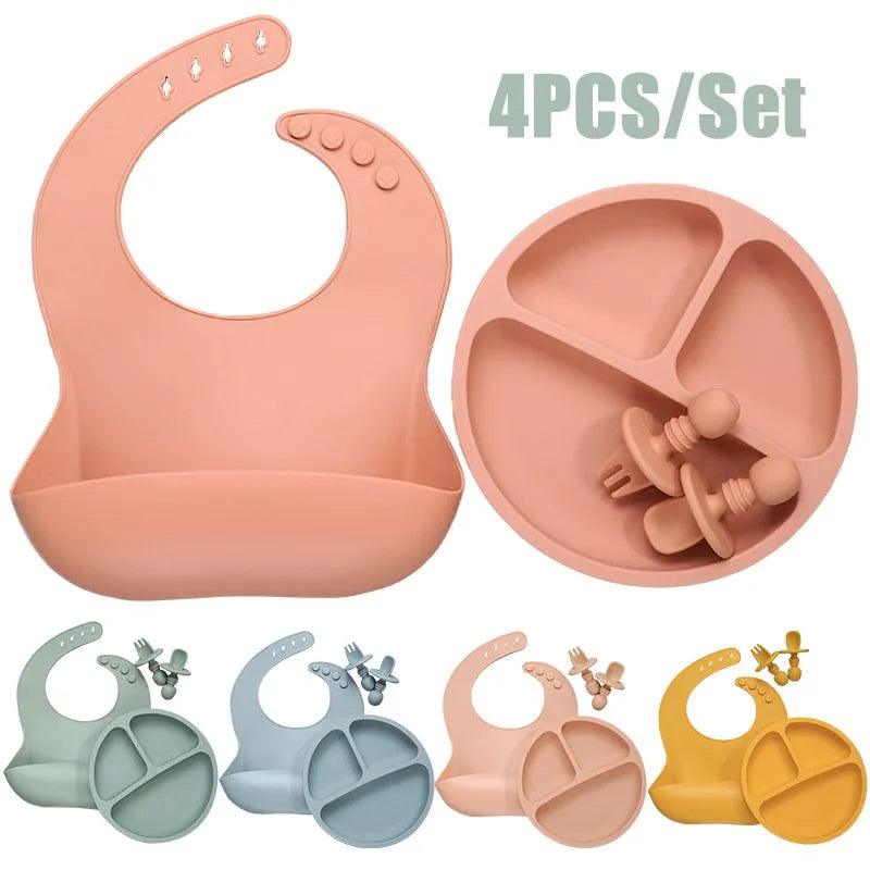 Baby Silicone Tableware Set Infant Solid Color Waterproof Bib Newborn Feeding Burp Cloth Toddler Dinner Plate And Mini Spoon - ItemBear.com