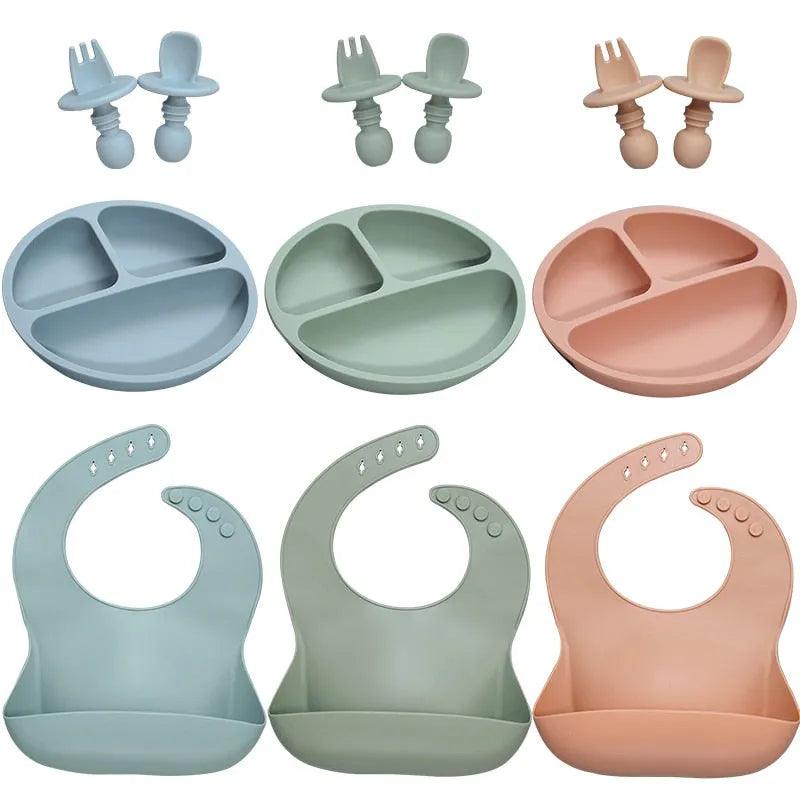 Baby Silicone Tableware Set Infant Solid Color Waterproof Bib Newborn Feeding Burp Cloth Toddler Dinner Plate And Mini Spoon - ItemBear.com