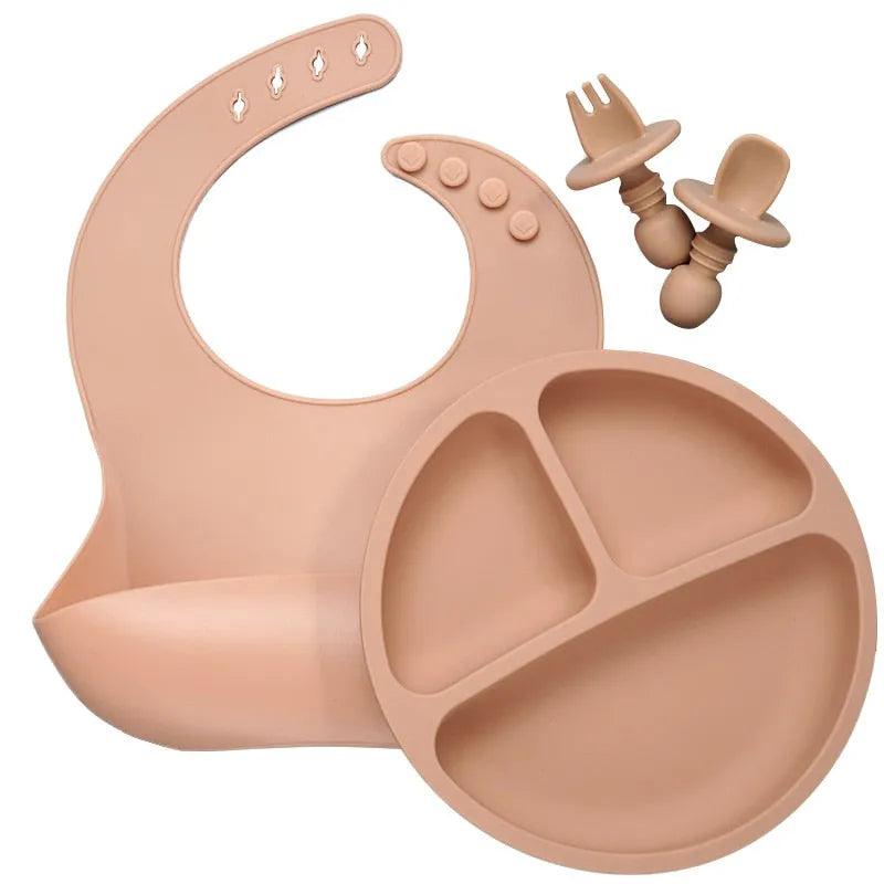 Baby Silicone Tableware Set Infant Solid Color Waterproof Bib Newborn Feeding Burp Cloth Toddler Dinner Plate And Mini Spoon - ItemBear.com