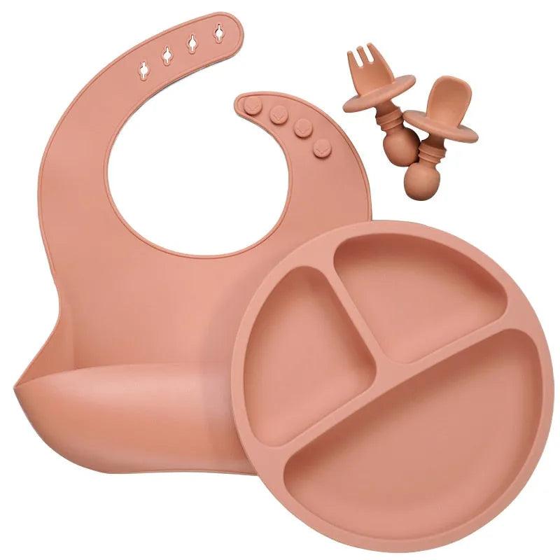 Baby Silicone Tableware Set Infant Solid Color Waterproof Bib Newborn Feeding Burp Cloth Toddler Dinner Plate And Mini Spoon - ItemBear.com