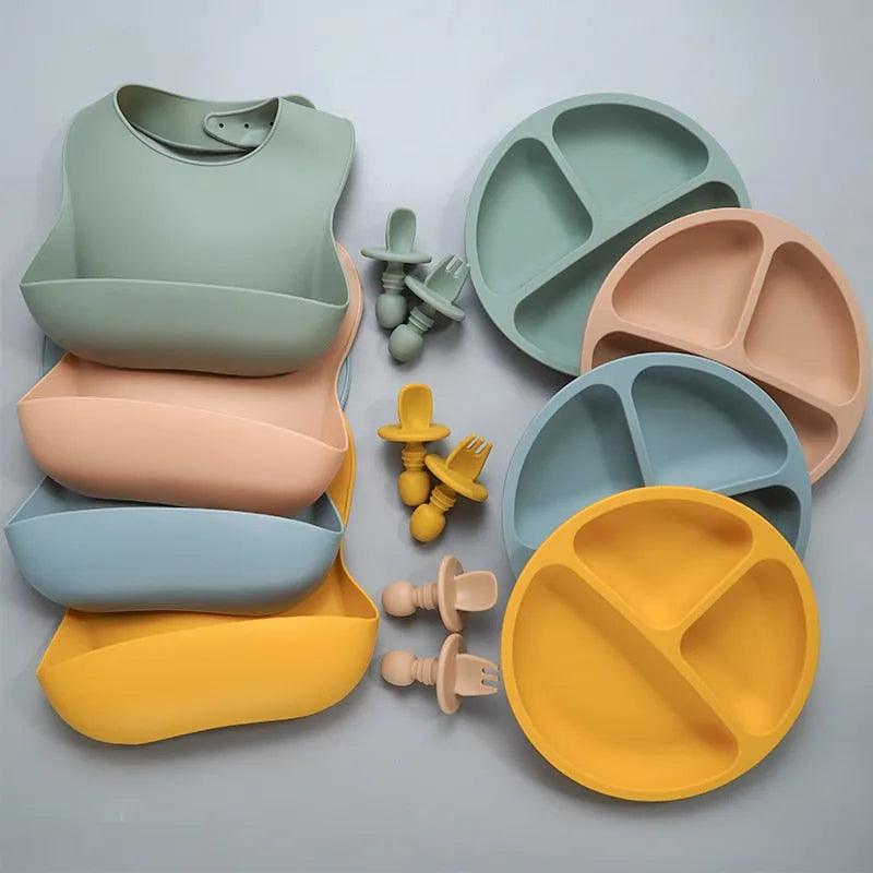 Baby Silicone Tableware Set Infant Solid Color Waterproof Bib Newborn Feeding Burp Cloth Toddler Dinner Plate And Mini Spoon - ItemBear.com