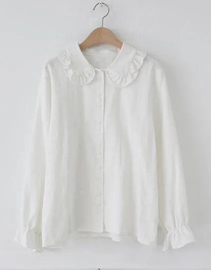 Basic Shirts Blouses Hot Sales 2019 Women Fashion Design Korean Preppy Style Flare Sleeve Peter Pan Collar White Button Shirt - ItemBear.com