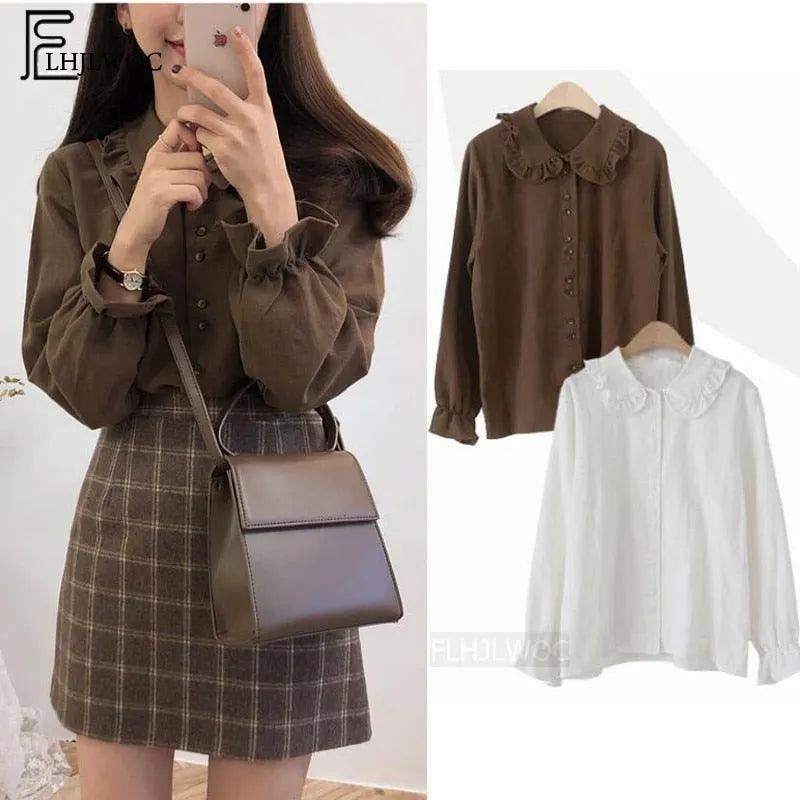 Basic Shirts Blouses Hot Sales 2019 Women Fashion Design Korean Preppy Style Flare Sleeve Peter Pan Collar White Button Shirt - ItemBear.com