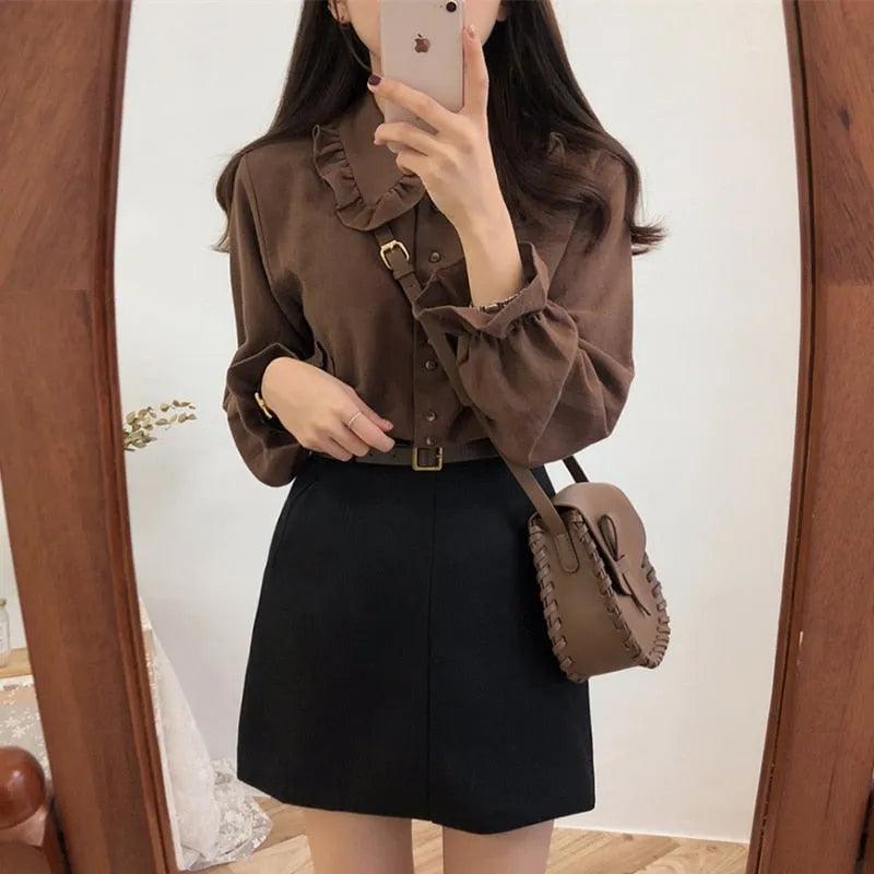 Basic Shirts Blouses Hot Sales 2019 Women Fashion Design Korean Preppy Style Flare Sleeve Peter Pan Collar White Button Shirt - ItemBear.com