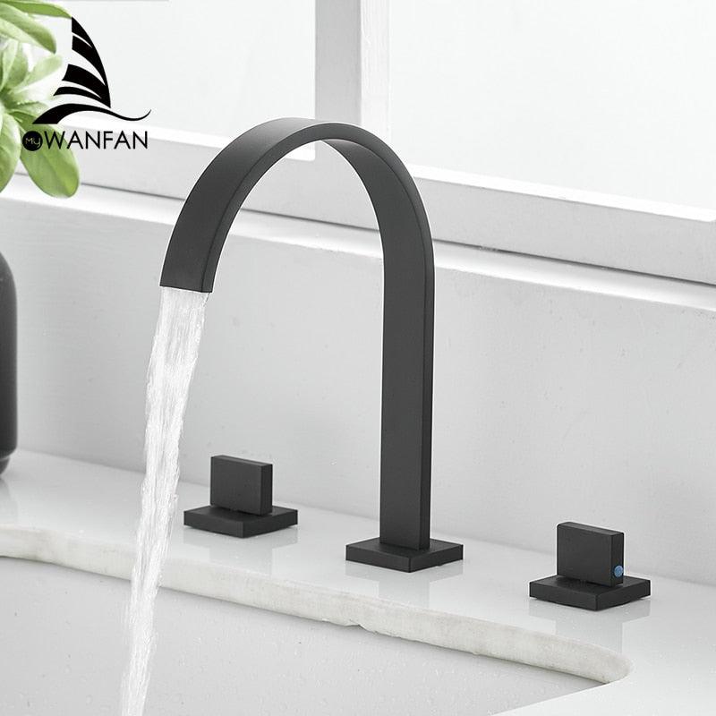 Basin Faucets Brass Polished Black Deck Mounted Square Bathroom Sink Faucets 3 Hole Double Handle Hot And Cold Water Tap LT - 109R - ItemBear.com
