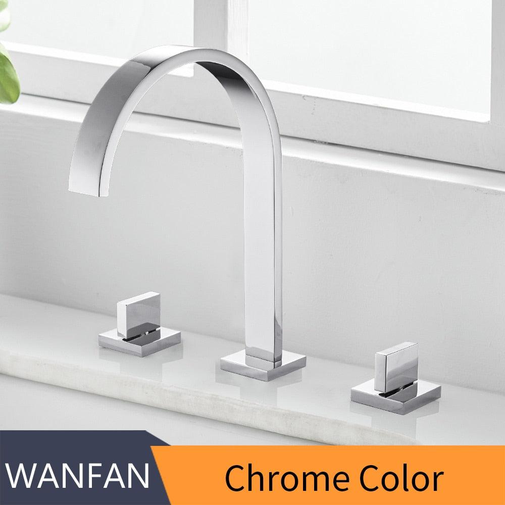 Basin Faucets Brass Polished Black Deck Mounted Square Bathroom Sink Faucets 3 Hole Double Handle Hot And Cold Water Tap LT - 109R - ItemBear.com