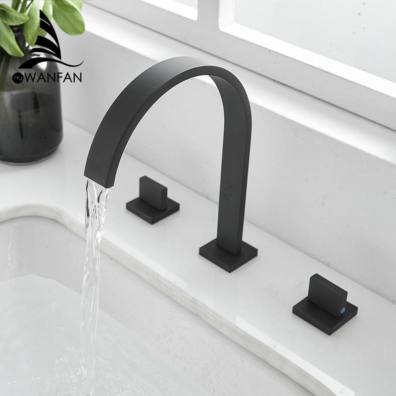 Basin Faucets Brass Polished Black Deck Mounted Square Bathroom Sink Faucets 3 Hole Double Handle Hot And Cold Water Tap LT - 109R - ItemBear.com