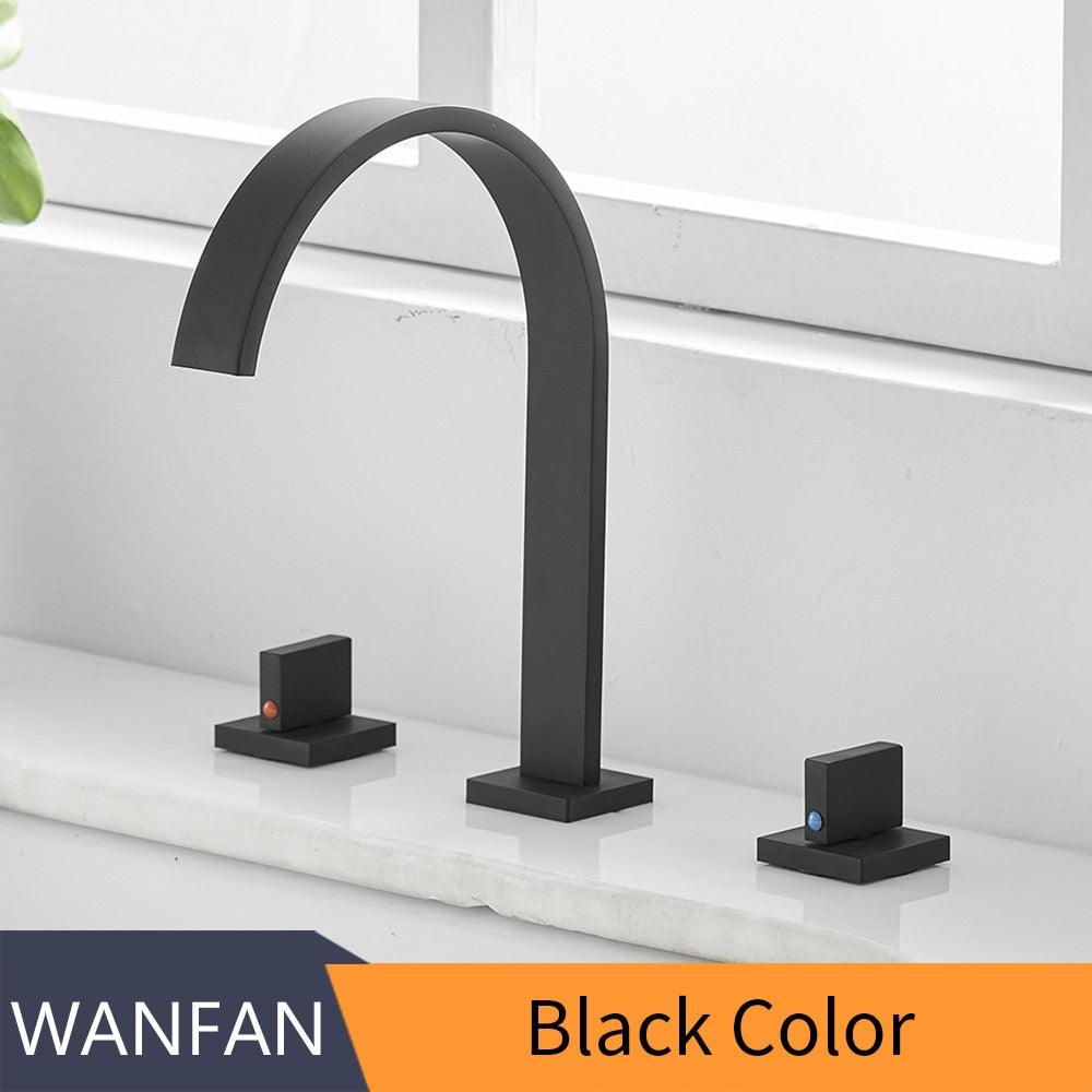 Basin Faucets Brass Polished Black Deck Mounted Square Bathroom Sink Faucets 3 Hole Double Handle Hot And Cold Water Tap LT - 109R - ItemBear.com