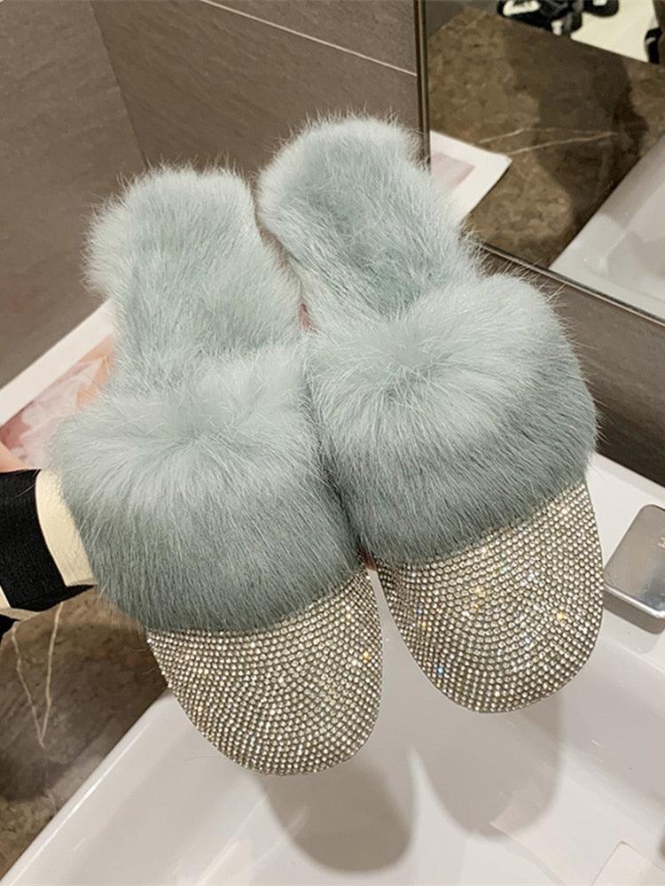 Big Size Slippers Female Ladies Designer Shoes Women Luxury 2023 Rhinestone Fur Crystal Slides Mules Slippers Furry Lady Shoes - ItemBear.com