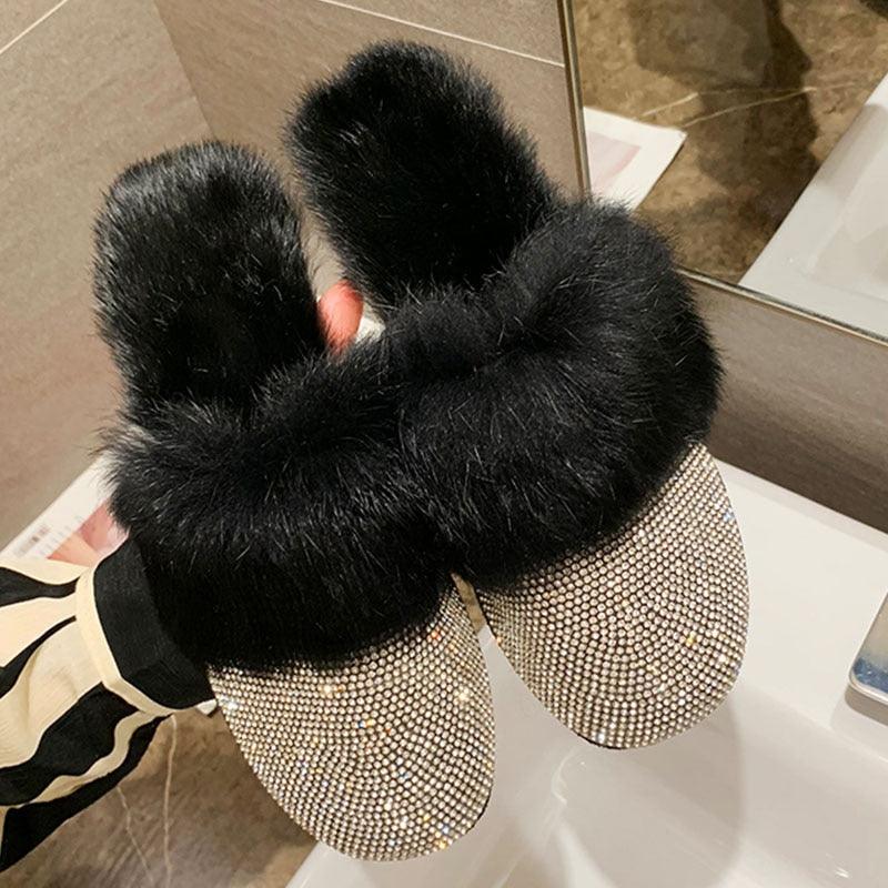 Big Size Slippers Female Ladies Designer Shoes Women Luxury 2023 Rhinestone Fur Crystal Slides Mules Slippers Furry Lady Shoes - ItemBear.com