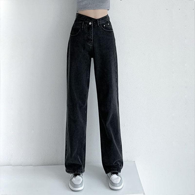 Black Asymmetrical Waist High Waisted Jeans - ItemBear.com