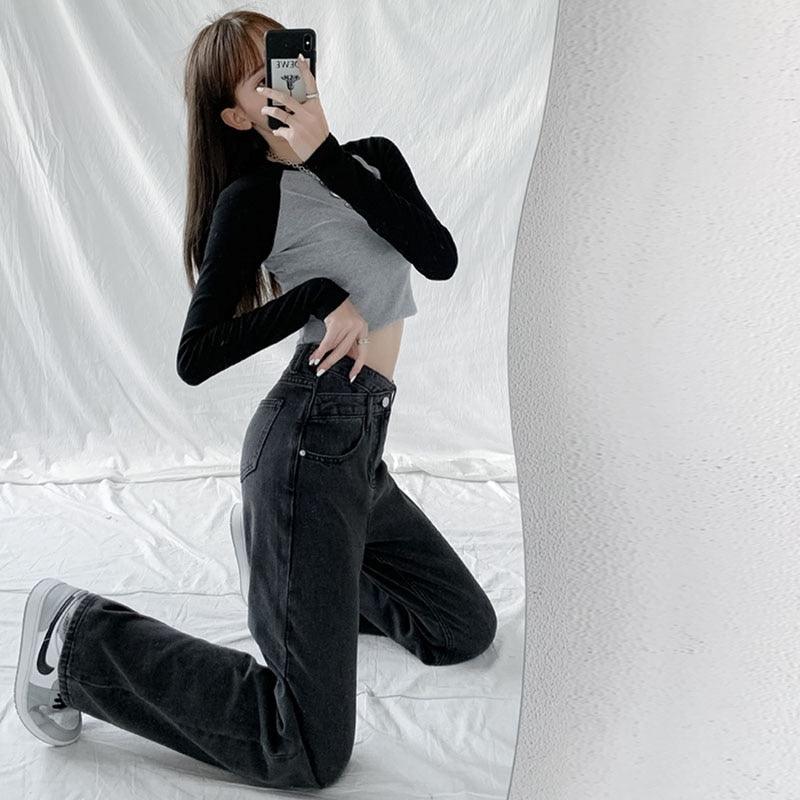 Black Asymmetrical Waist High Waisted Jeans - ItemBear.com