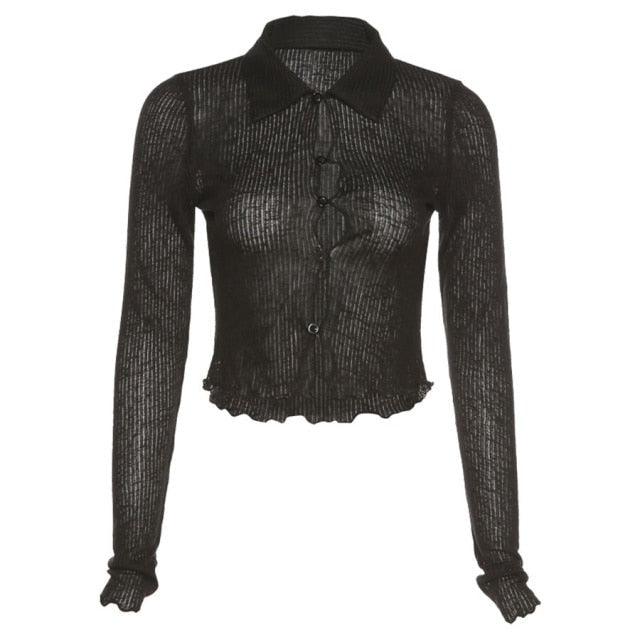 Black Mesh Ruffles Button - Up Long Sleeve Top - ItemBear.com