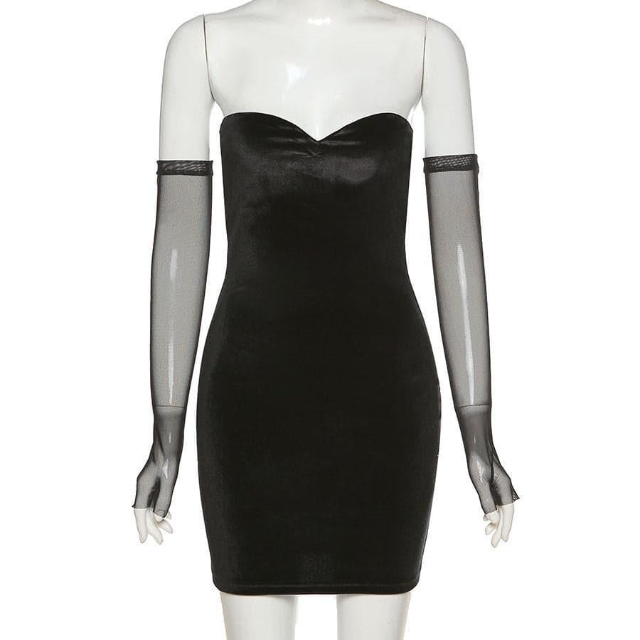 Black Strapless Dress & Mesh Gloves Set - ItemBear.com