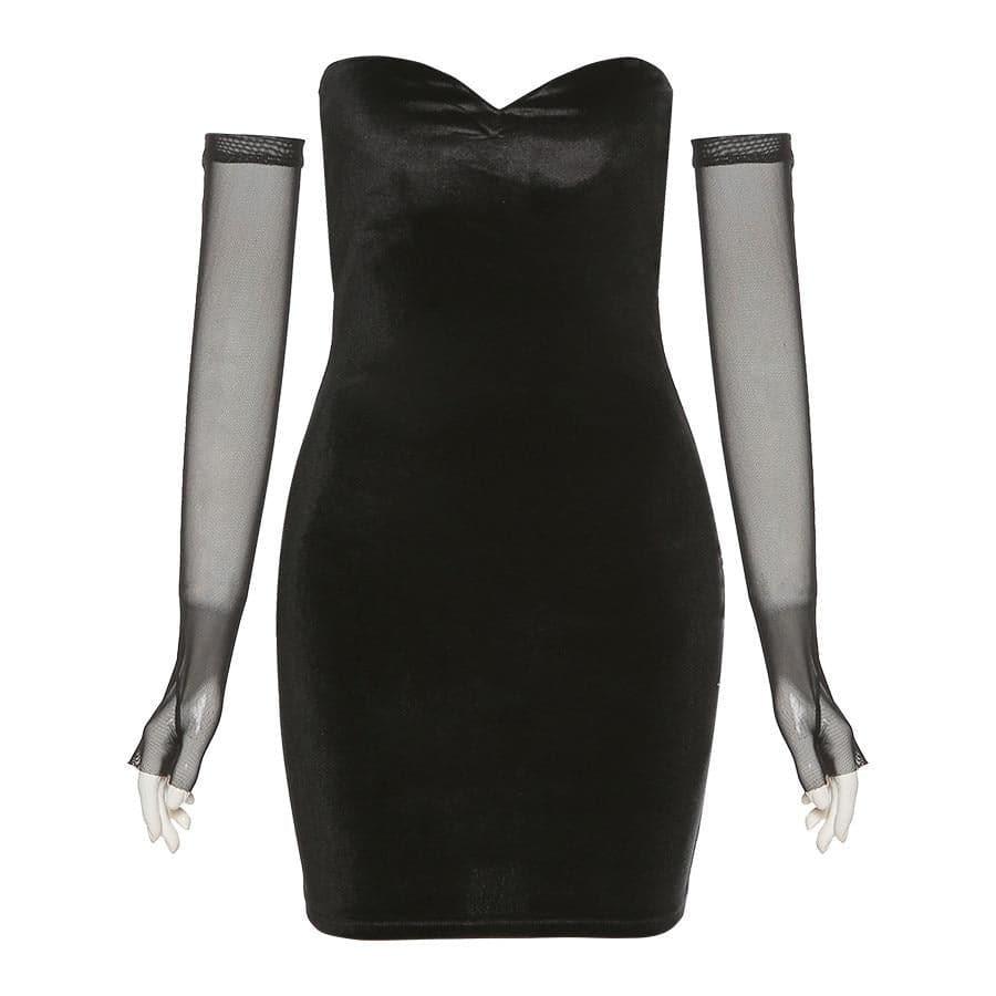 Black Strapless Dress & Mesh Gloves Set - ItemBear.com