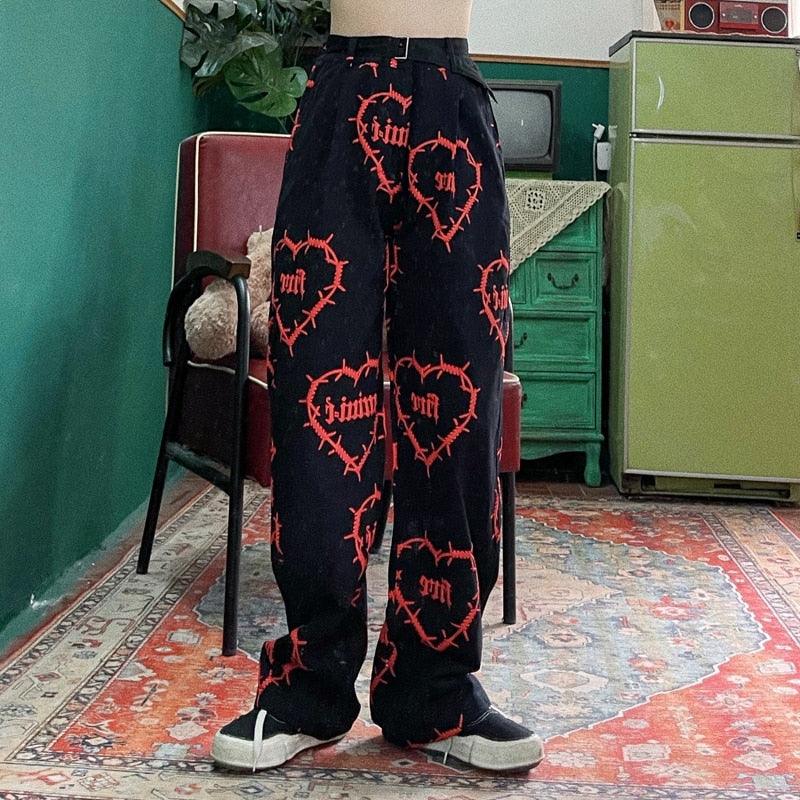 Black White Heart Decor Graphic Pants - ItemBear.com