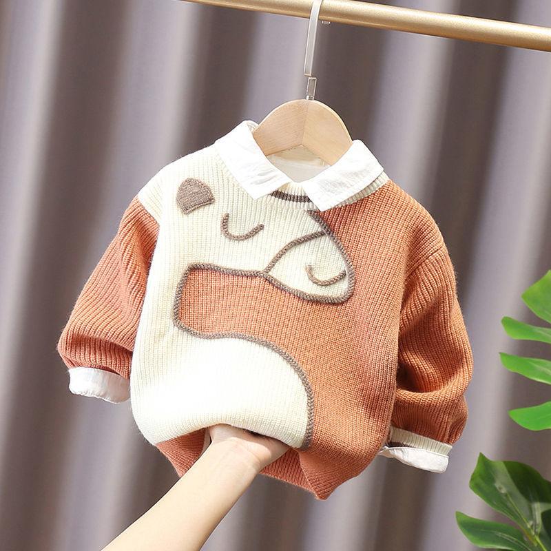 Boys sweater pullover children's knitted sweater thickened foreign style small and medium children's baby coat autumn and winter plus velvet thickening - ItemBear.com