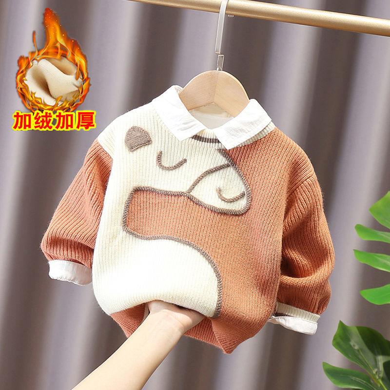 Boys sweater pullover children's knitted sweater thickened foreign style small and medium children's baby coat autumn and winter plus velvet thickening - ItemBear.com