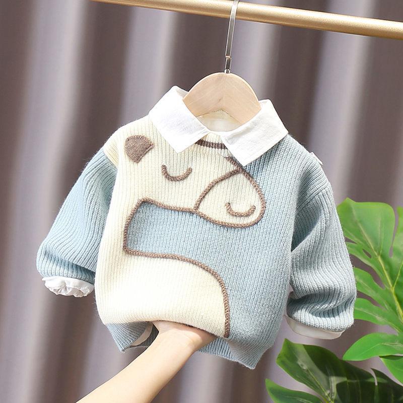 Boys sweater pullover children's knitted sweater thickened foreign style small and medium children's baby coat autumn and winter plus velvet thickening - ItemBear.com