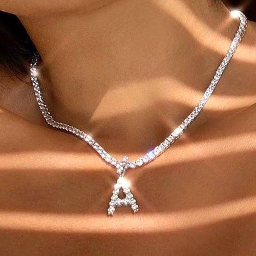 Caraquet Ice out A - Z Letter Initial Pendant Necklace Silver Color Tennis Chain Choker Necklace Female Fashion Statement Jewelry - ItemBear.com