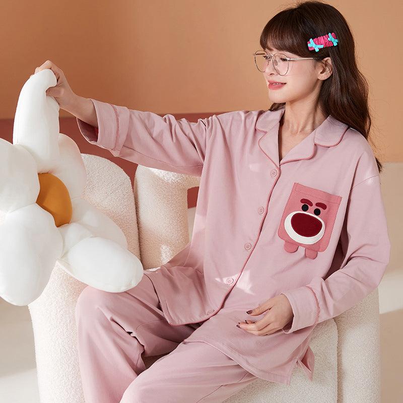 Cartoon bear pajamas women's spring and autumn new cotton long - sleeved cute loose large size home service suit - ItemBear.com