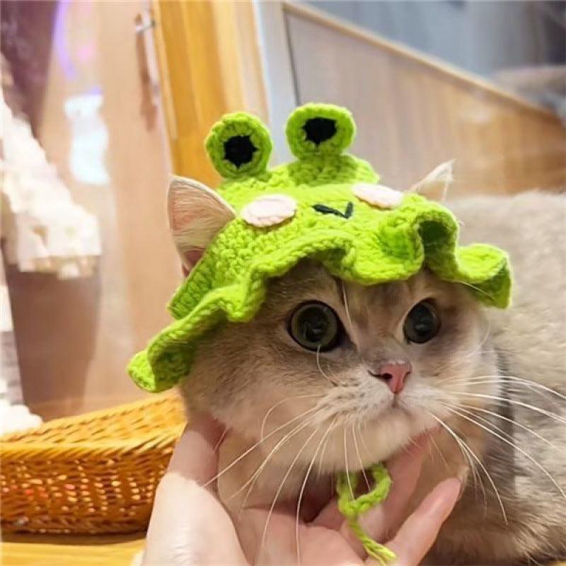 Cat Hat Pet Dress Up Hat Teddy Dog Frog Flower Ruffled Maid Hat Pet New Year Wool Hat - ItemBear.com