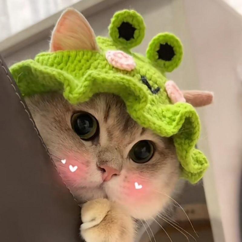 Cat Hat Pet Dress Up Hat Teddy Dog Frog Flower Ruffled Maid Hat Pet New Year Wool Hat - ItemBear.com