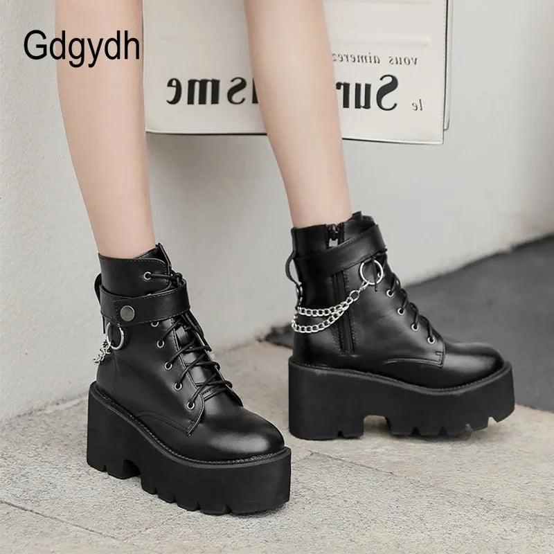 Chain Women Leather Autumn Boots Block Heel Gothic Black Punk Style Platform Shoes Female Footwear High Quality - ItemBear.com