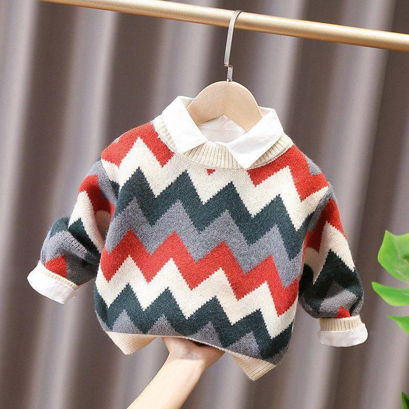 Children's corrugated foreign sweater boys and girls autumn and winter clothing baby plus velvet sweater children's warm line clothing trend - ItemBear.com