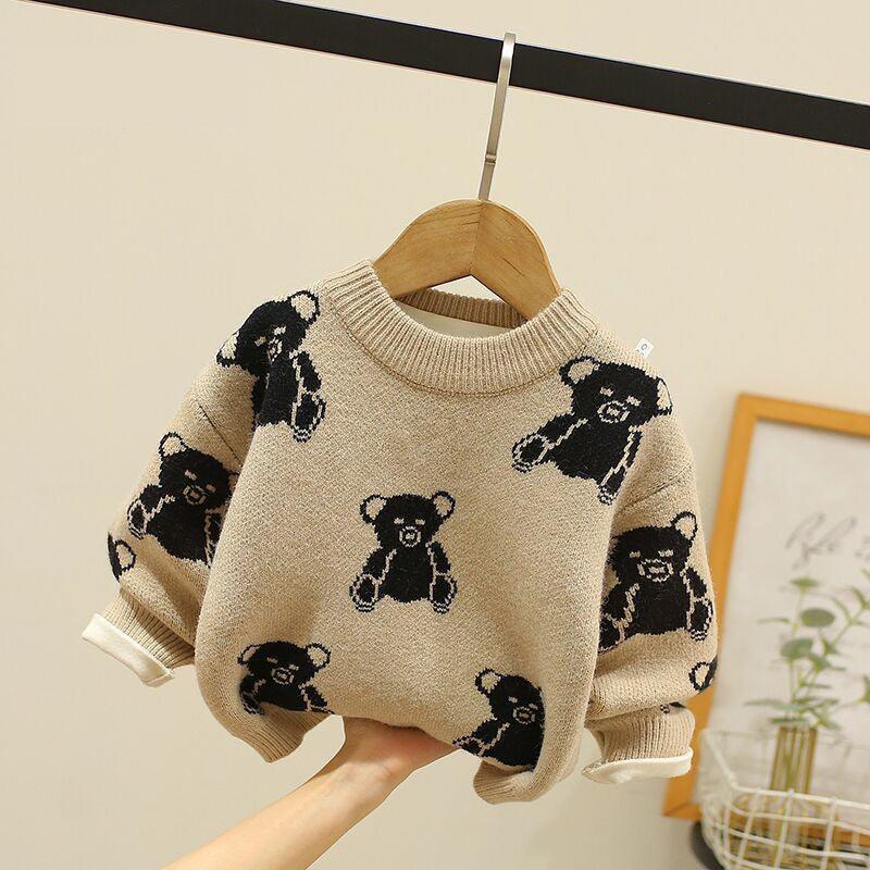 Children's sweater autumn and winter new baby boy warm top children's bottoming shirt bear knitted sweater plus velvet thick - ItemBear.com