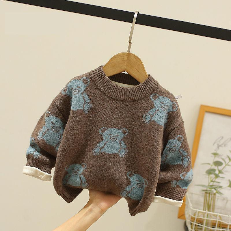 Children's sweater autumn and winter new baby boy warm top children's bottoming shirt bear knitted sweater plus velvet thick - ItemBear.com