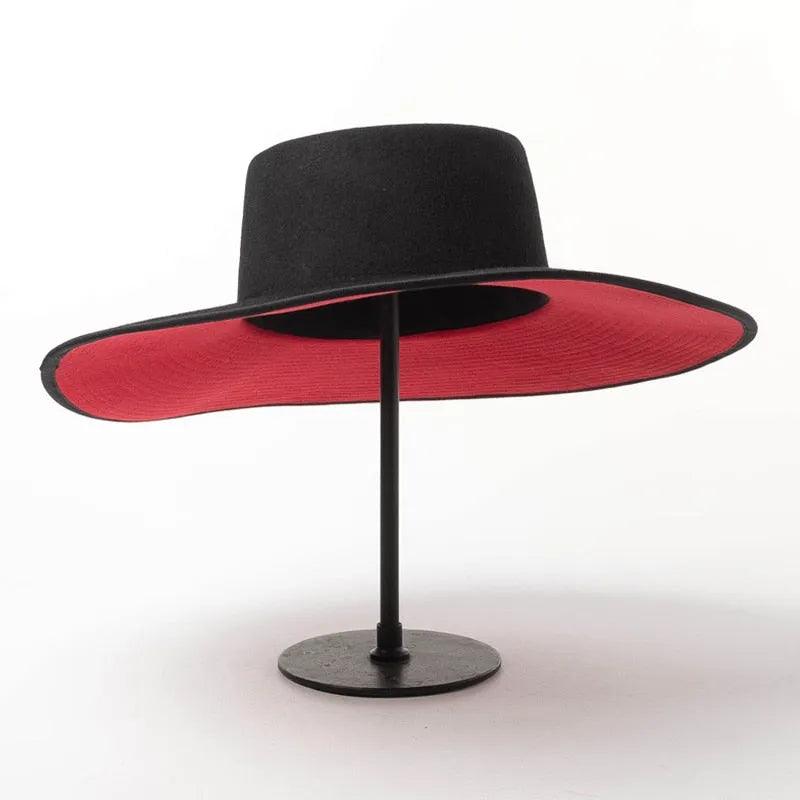 Classical Unisex Wide Brim Splice Two Tone Wool Fedora Winter Warm Wide Brim Women Hats Red Black Ladies Church Derby Dress Hat - ItemBear.com