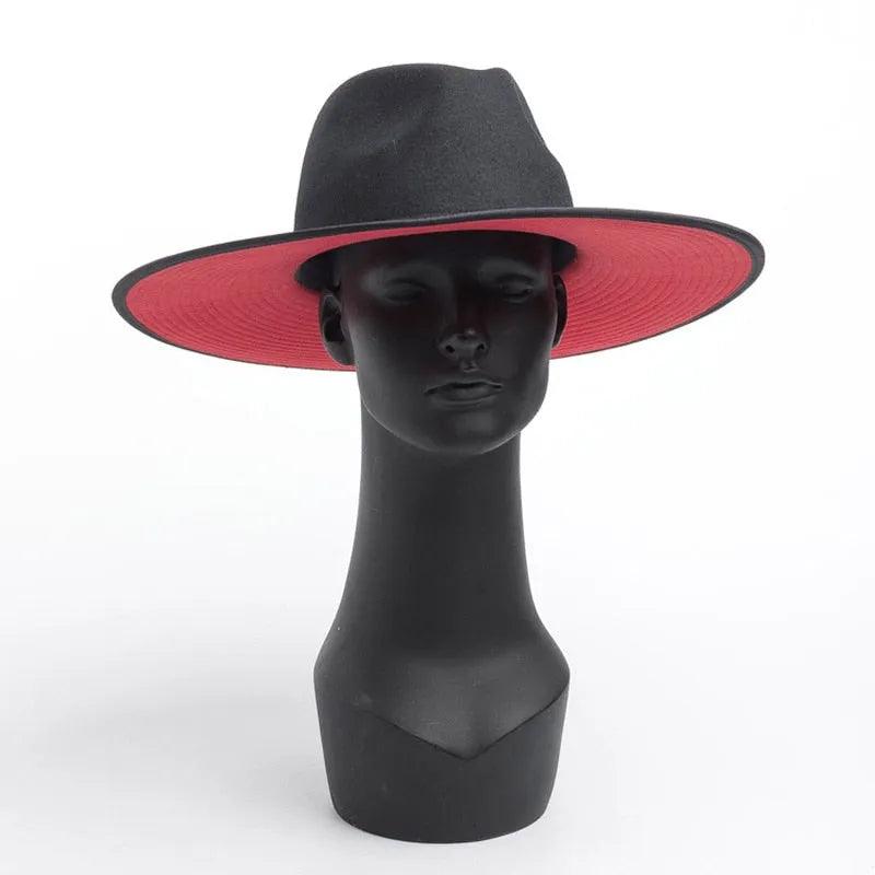 Classical Unisex Wide Brim Splice Two Tone Wool Fedora Winter Warm Wide Brim Women Hats Red Black Ladies Church Derby Dress Hat - ItemBear.com