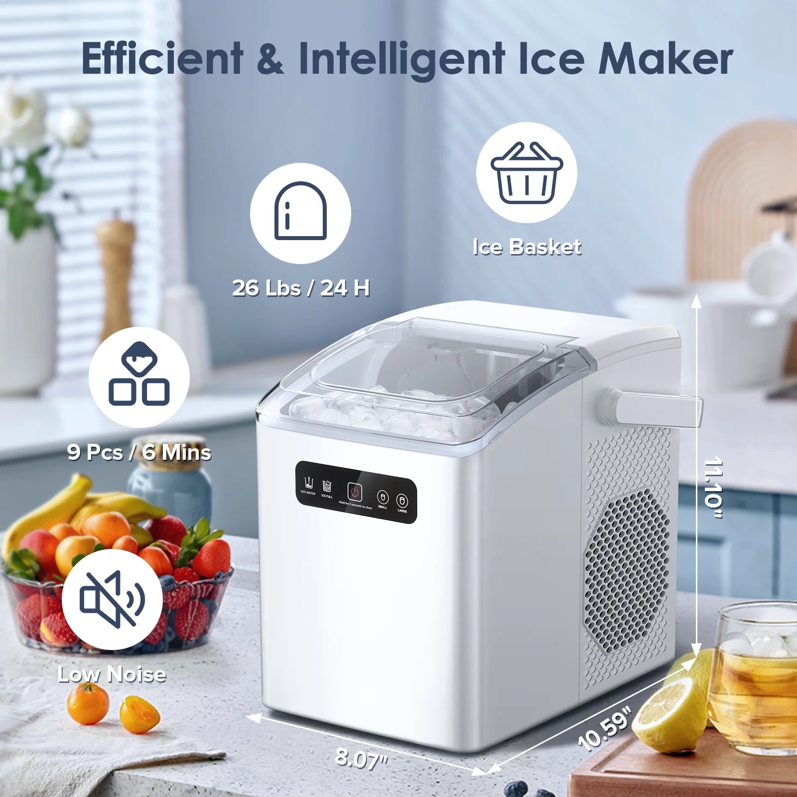 Countertop Ice Maker, Self - Cleaning Portable Ice Maker Machine with Handle and Ice Scoop, 2 Sizes of Bullet Ice Cubes, Perfect for Home/Kitchen/Office - White - ItemBear.com