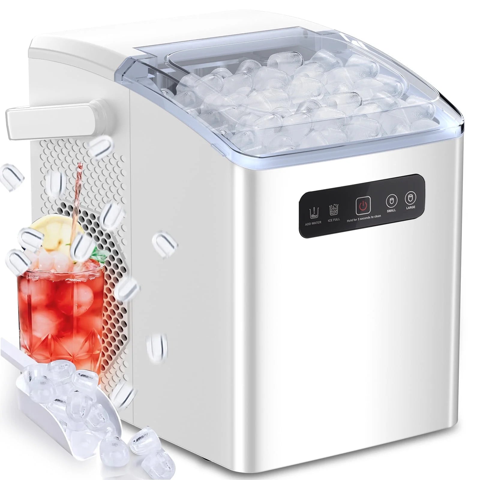 Countertop Ice Maker, Self - Cleaning Portable Ice Maker Machine with Handle and Ice Scoop, 2 Sizes of Bullet Ice Cubes, Perfect for Home/Kitchen/Office - White - ItemBear.com