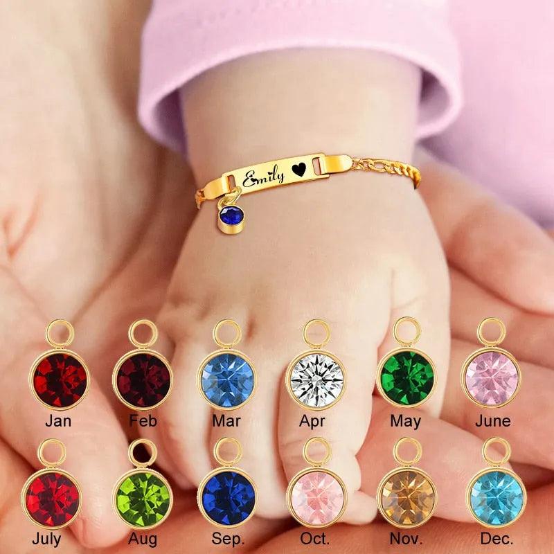 Customized Birthstone Bracelet for Baby, Personalized Stainless Steel Newborn Kids Children ID Name Bracelet, Birthday Gift - ItemBear.com