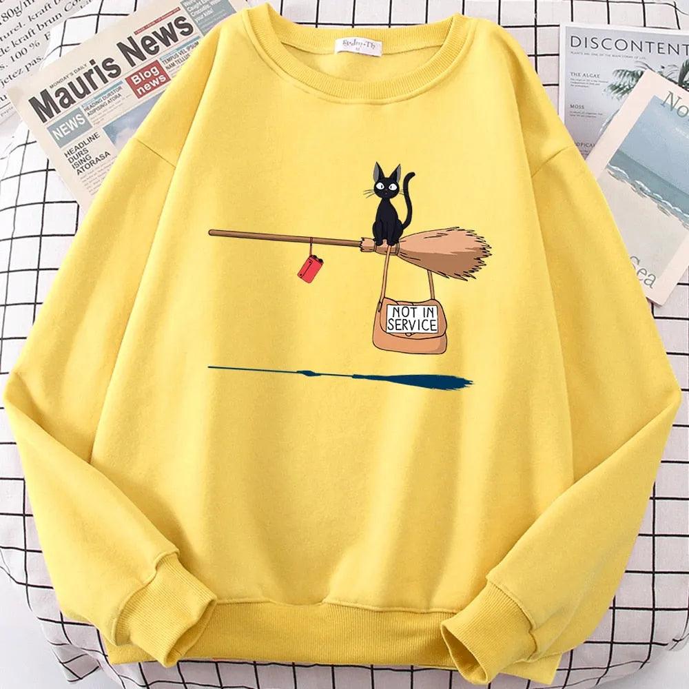 Cute Cat Not In Service Print Hoodies Women Casual Crewneck Sportswear Fleece Warm Fleece Sweatshirt Loose Hoody Autumn Clothes - ItemBear.com