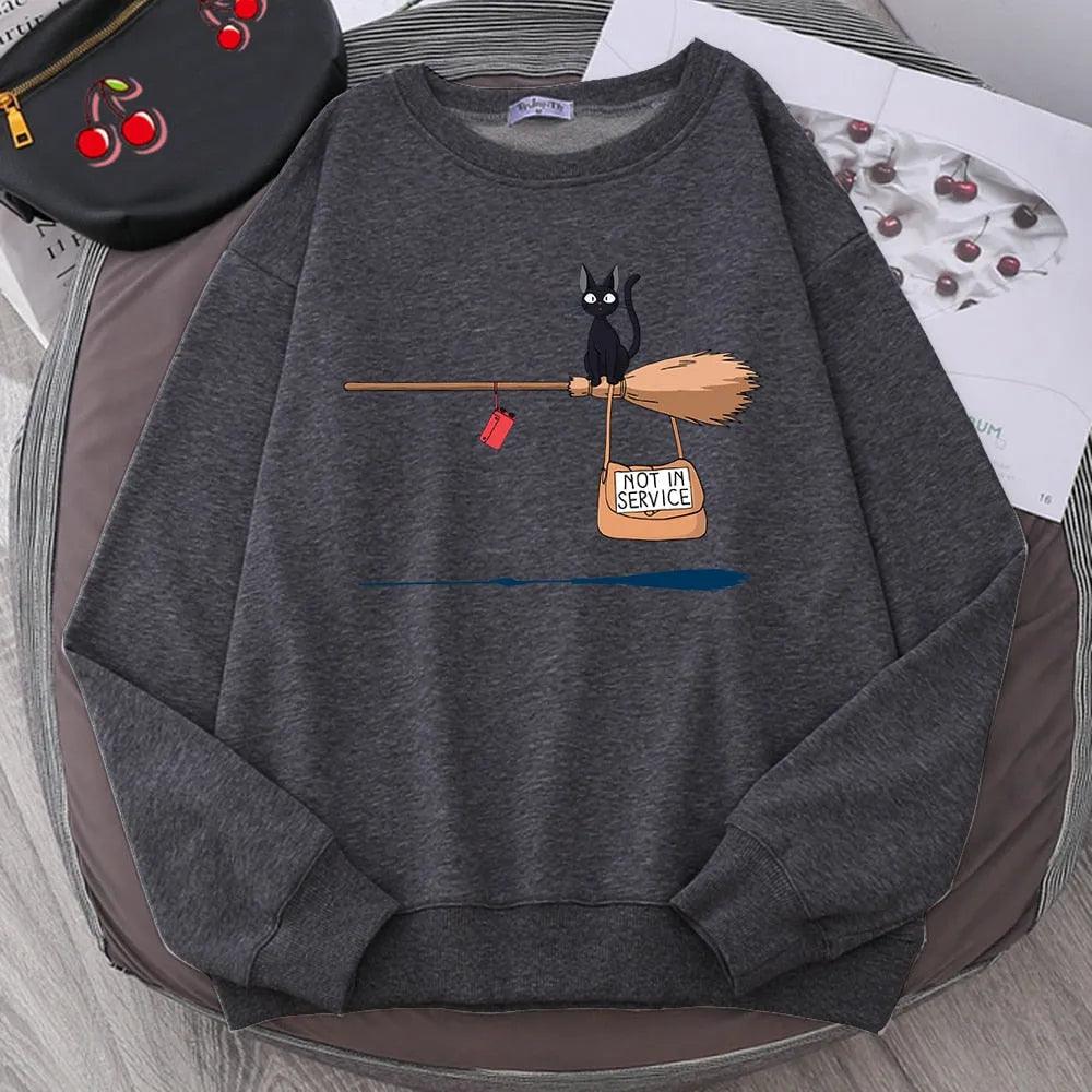 Cute Cat Not In Service Print Hoodies Women Casual Crewneck Sportswear Fleece Warm Fleece Sweatshirt Loose Hoody Autumn Clothes - ItemBear.com