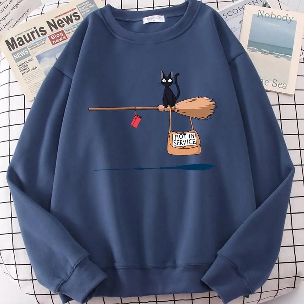 Cute Cat Not In Service Print Hoodies Women Casual Crewneck Sportswear Fleece Warm Fleece Sweatshirt Loose Hoody Autumn Clothes - ItemBear.com