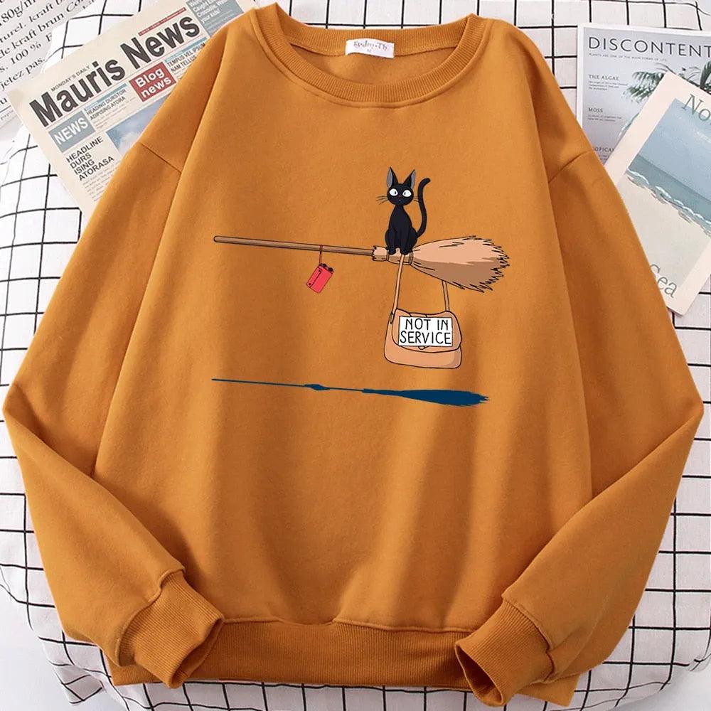 Cute Cat Not In Service Print Hoodies Women Casual Crewneck Sportswear Fleece Warm Fleece Sweatshirt Loose Hoody Autumn Clothes - ItemBear.com