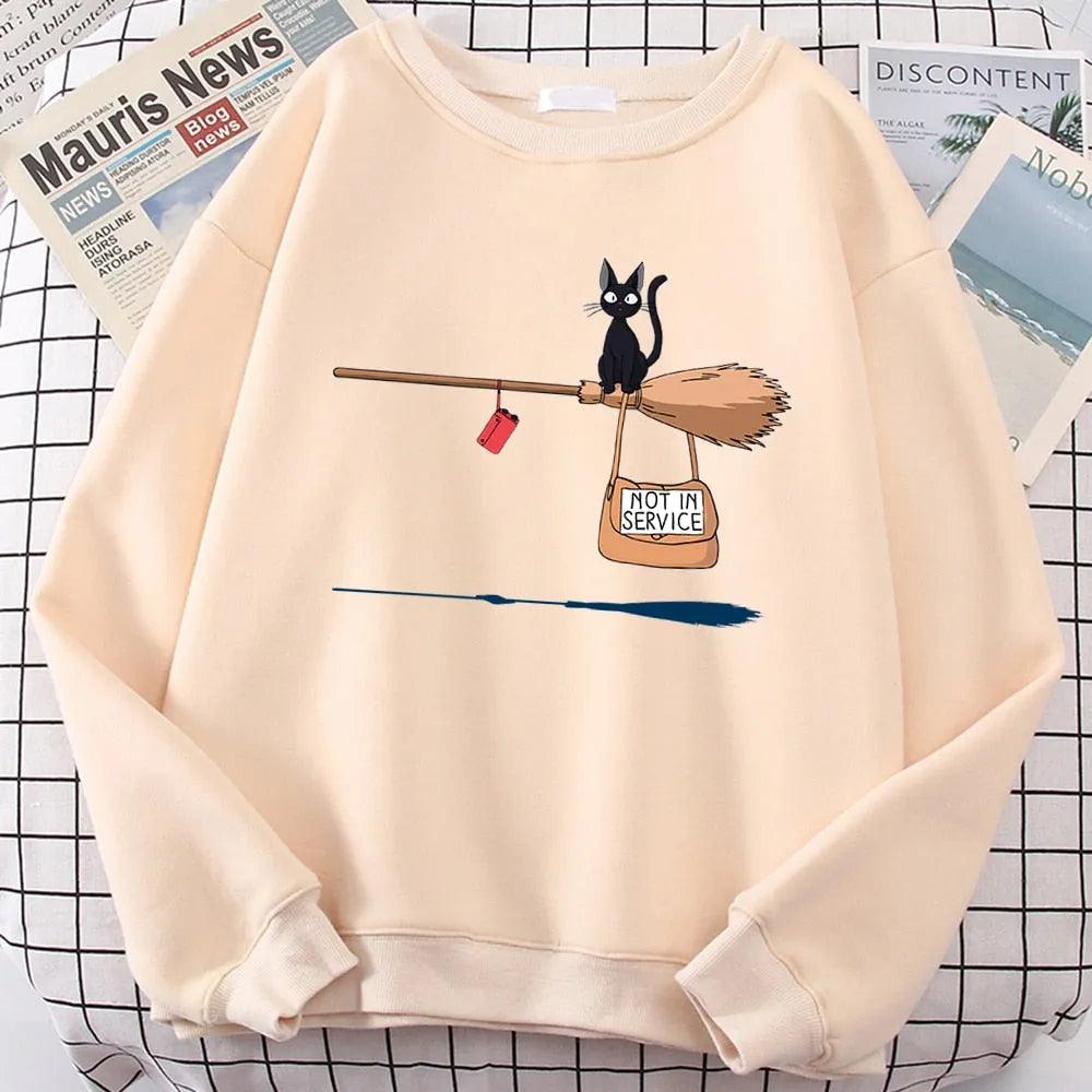 Cute Cat Not In Service Print Hoodies Women Casual Crewneck Sportswear Fleece Warm Fleece Sweatshirt Loose Hoody Autumn Clothes - ItemBear.com