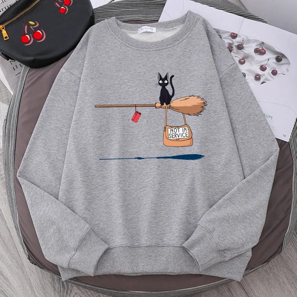 Cute Cat Not In Service Print Hoodies Women Casual Crewneck Sportswear Fleece Warm Fleece Sweatshirt Loose Hoody Autumn Clothes - ItemBear.com