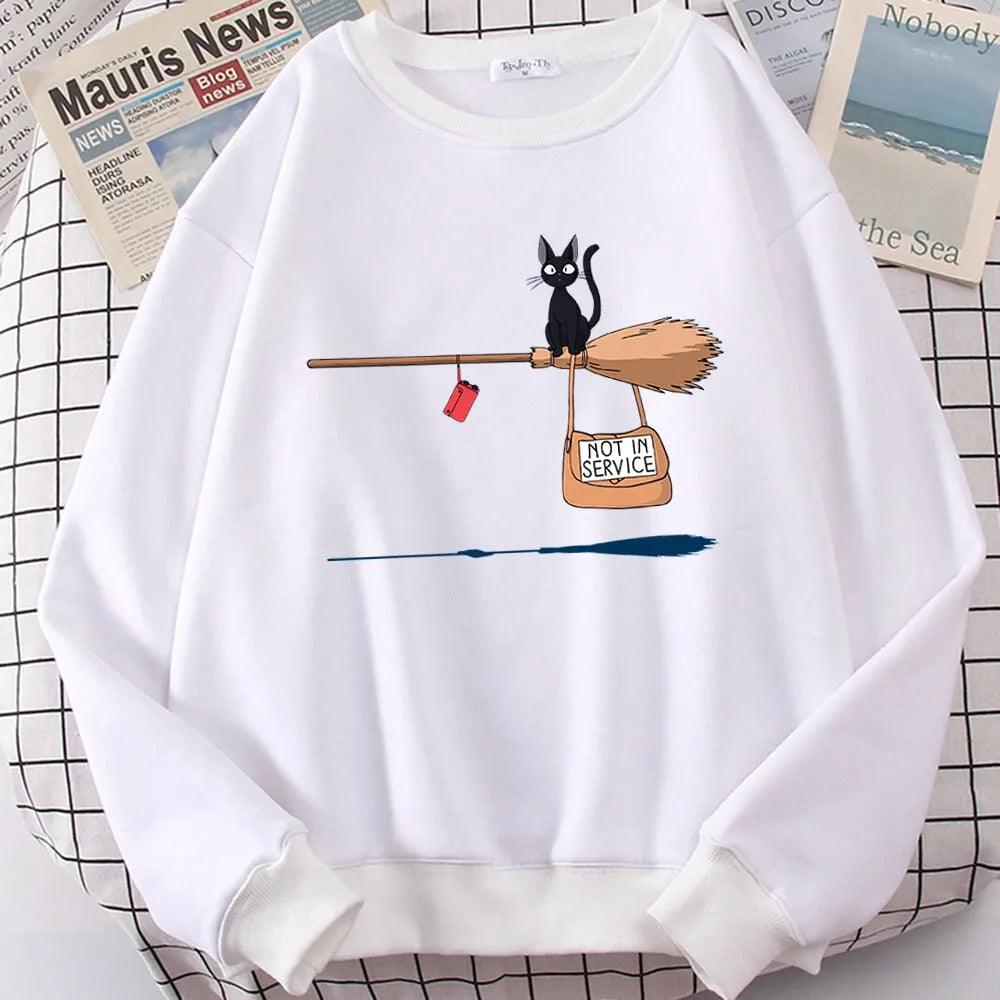 Cute Cat Not In Service Print Hoodies Women Casual Crewneck Sportswear Fleece Warm Fleece Sweatshirt Loose Hoody Autumn Clothes - ItemBear.com