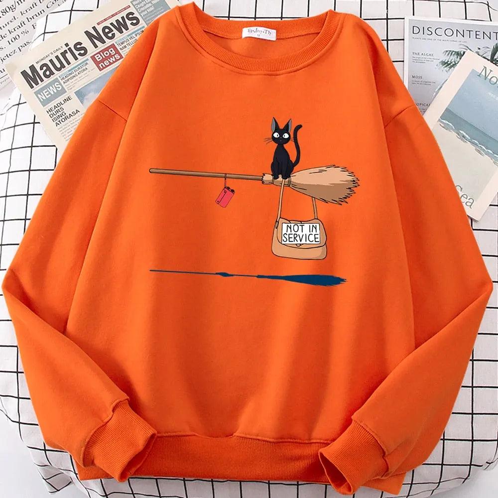 Cute Cat Not In Service Print Hoodies Women Casual Crewneck Sportswear Fleece Warm Fleece Sweatshirt Loose Hoody Autumn Clothes - ItemBear.com