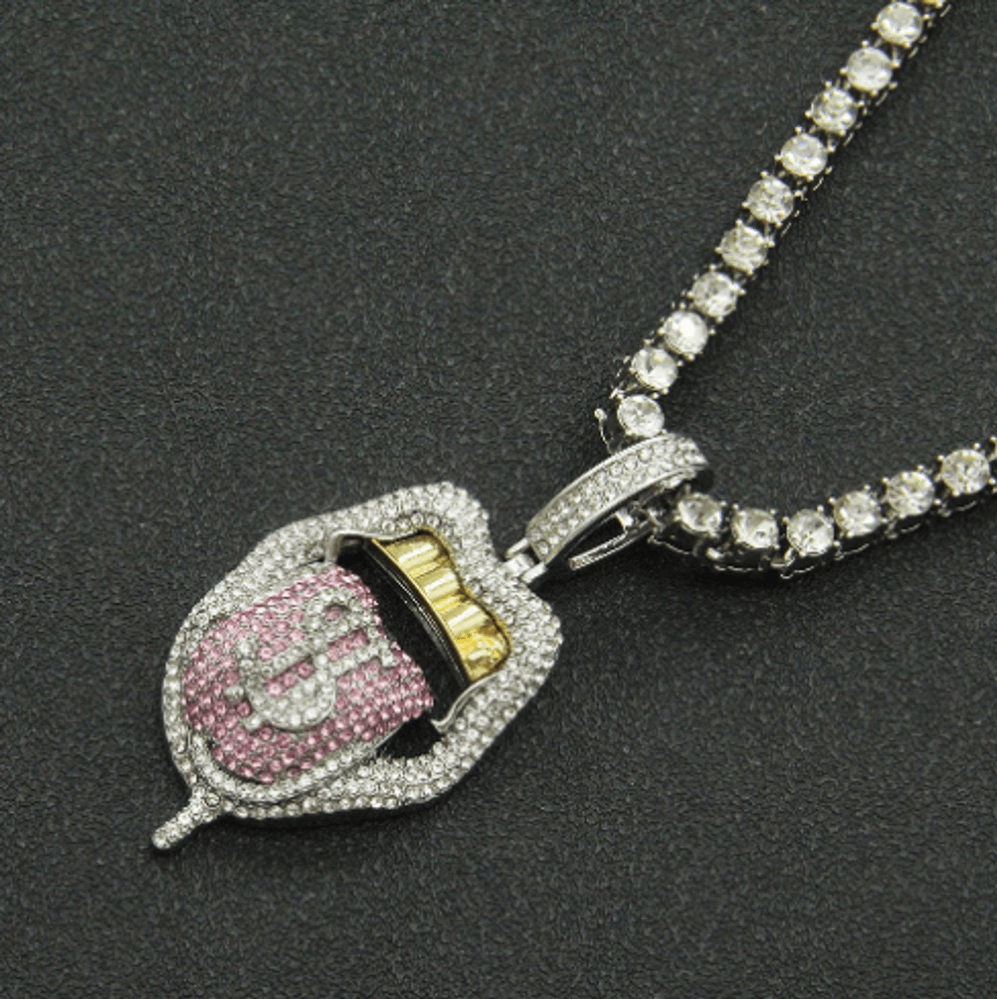 Dollar Tongue Shape Pendant with Pink Crystal Cuban Chain - ItemBear.com