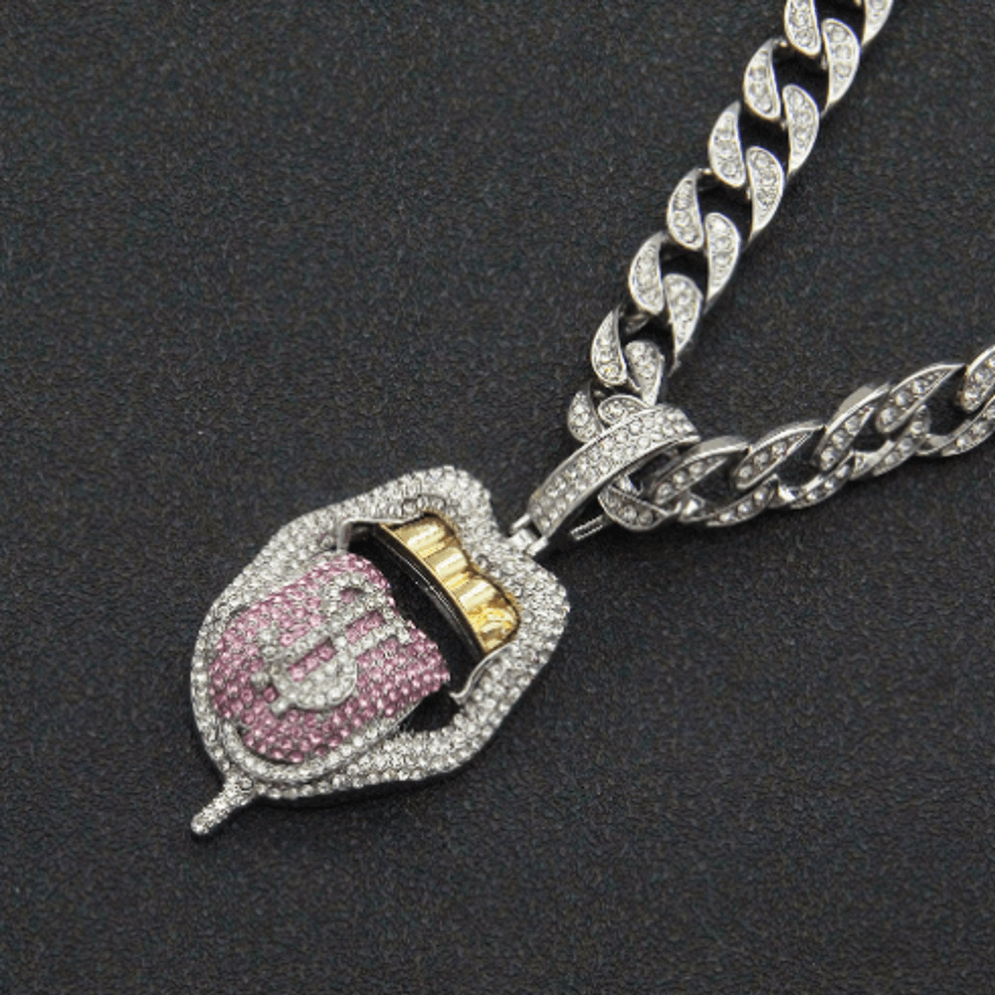 Dollar Tongue Shape Pendant with Pink Crystal Cuban Chain - ItemBear.com